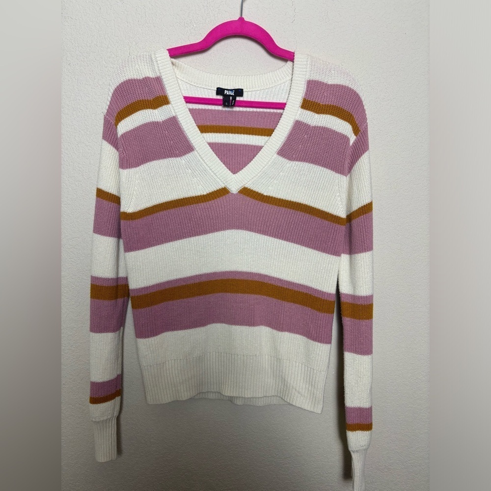 PAIGE Negin V-Neck Knit Sweater in Fuchsia, Gold, and Cream Stripes Small - Picture 2 of 7